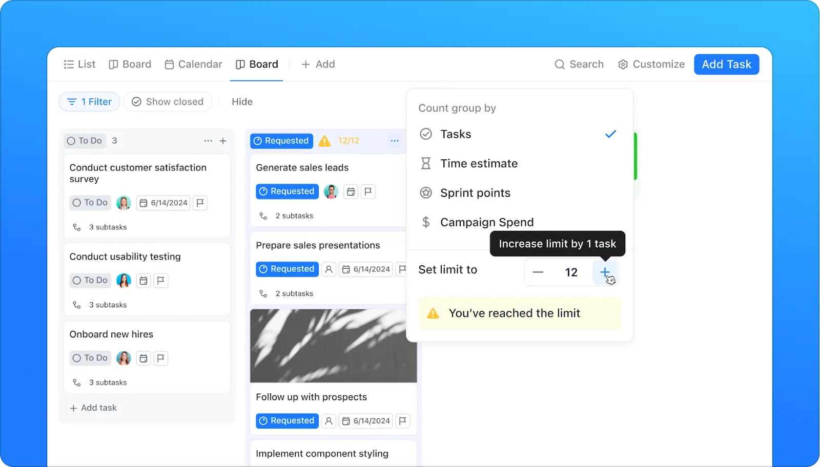 عرض Kanban من ClickUp: استراتيجيات تسويق لشركات التكنولوجيا