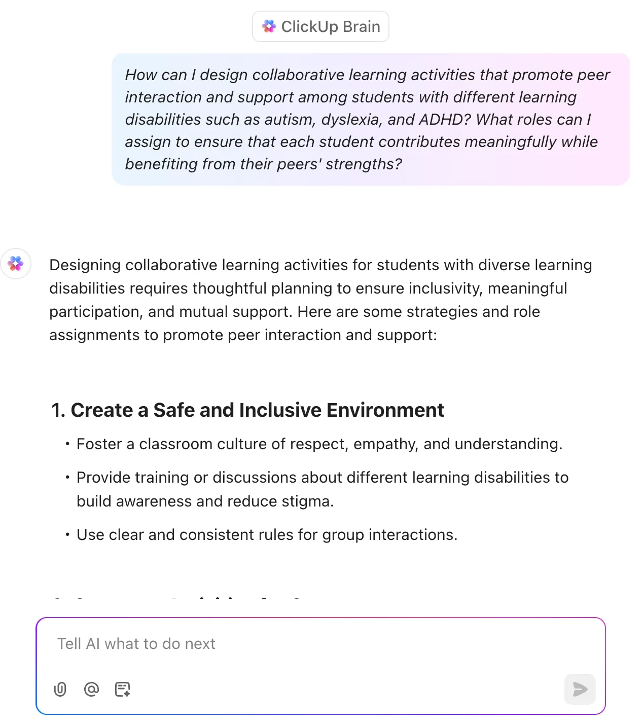 Répondez à la diversité des styles d'apprentissage grâce à ClickUp Brain : invites IA pour l'enseignement.