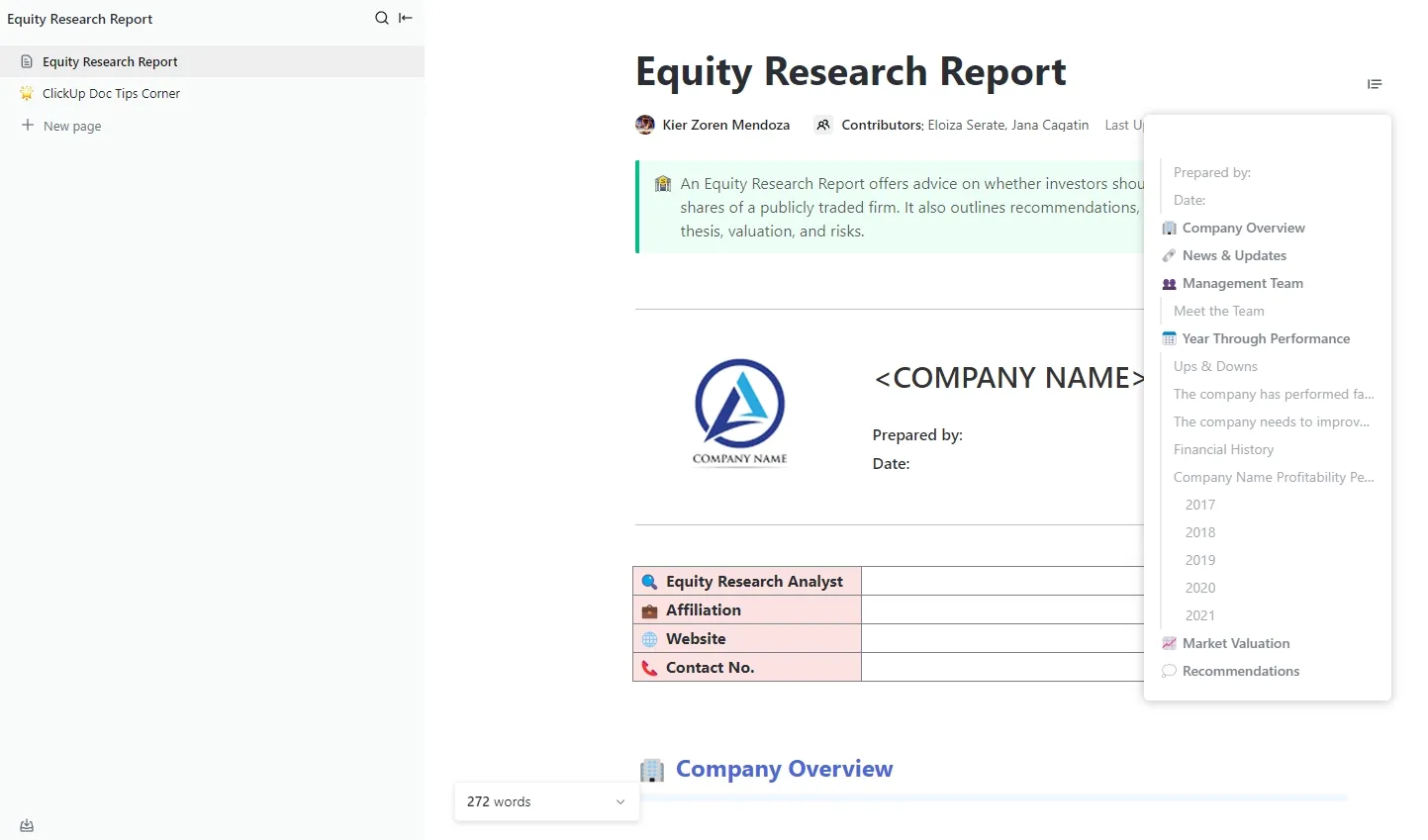 Modèle de rapport de recherche sur les actions par ClickUp