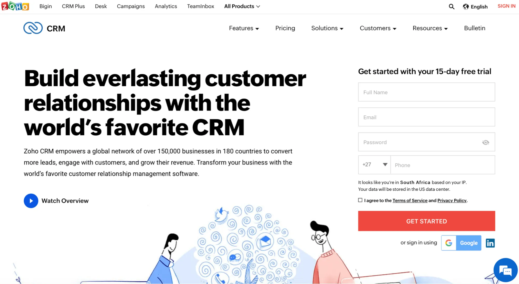 Página de inicio de Zoho CRM