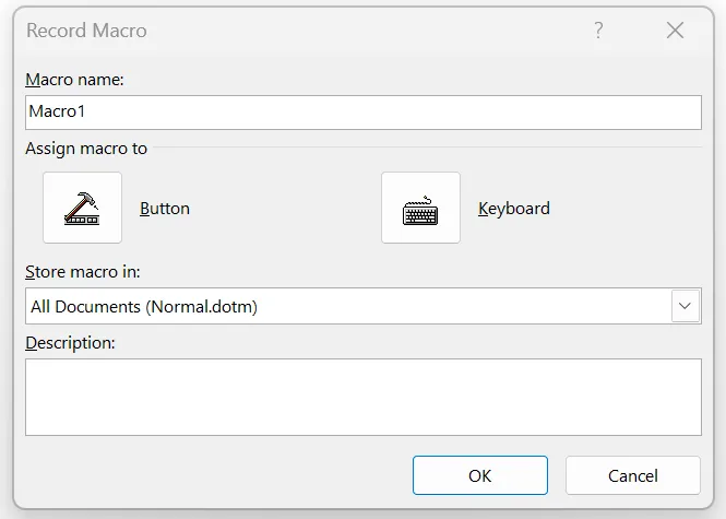 Dialogrutan "Spela in makro" i MS Word