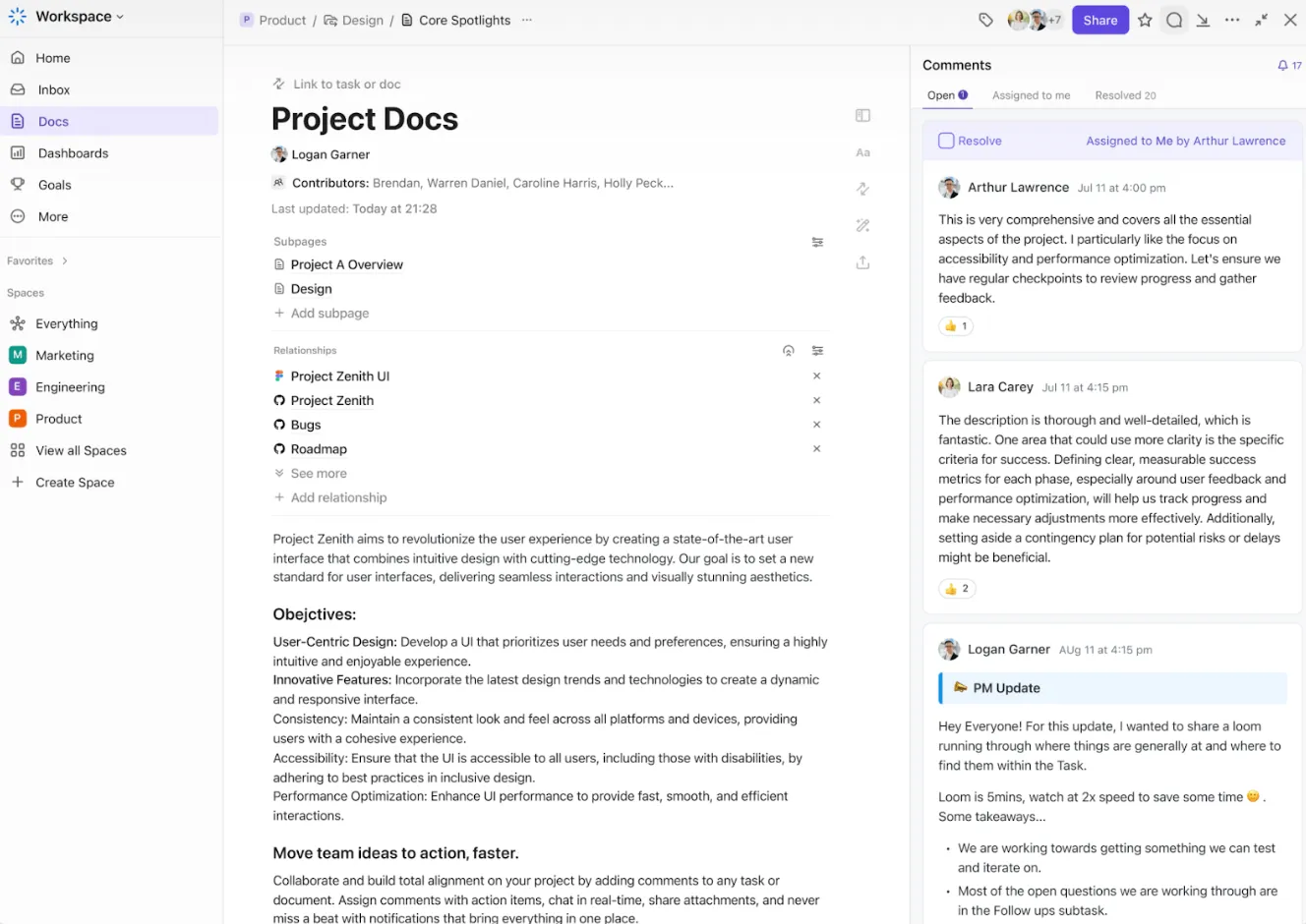 Organisieren, referenzieren und verwalten Sie mehrere Forschungsarbeiten mit den Dokumentenverwaltungs-Features von ClickUp.