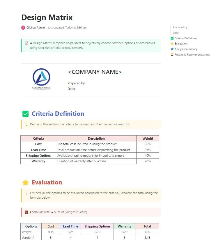 Hasonlítsa össze a fogalmakat súlyozott kritériumokkal egy strukturált dokumentumban a ClickUp Design Matrix sablon segítségével
