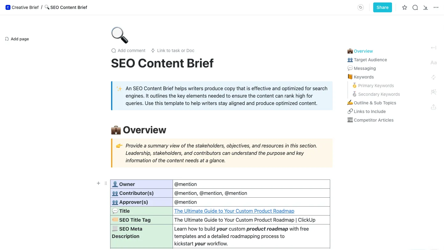 SEO-Content-Brief-Vorlage von ClickUp