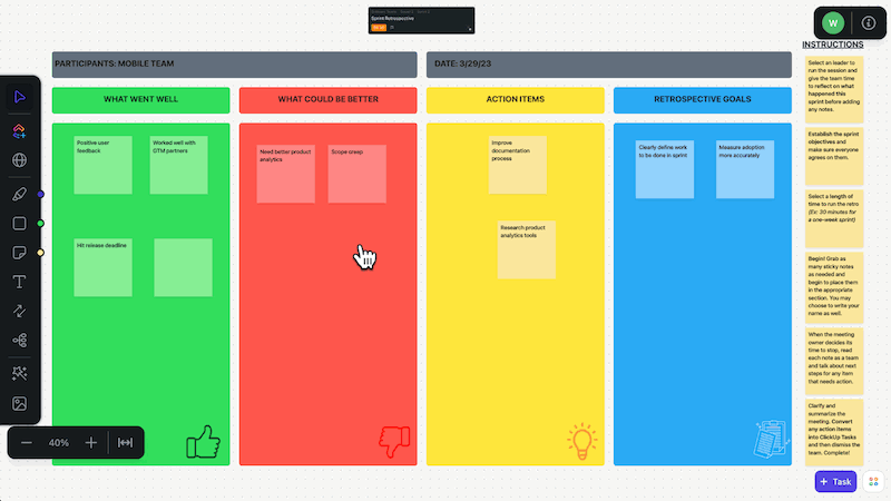 Modèle de brainstorming rétrospectif ClickUp Sprint