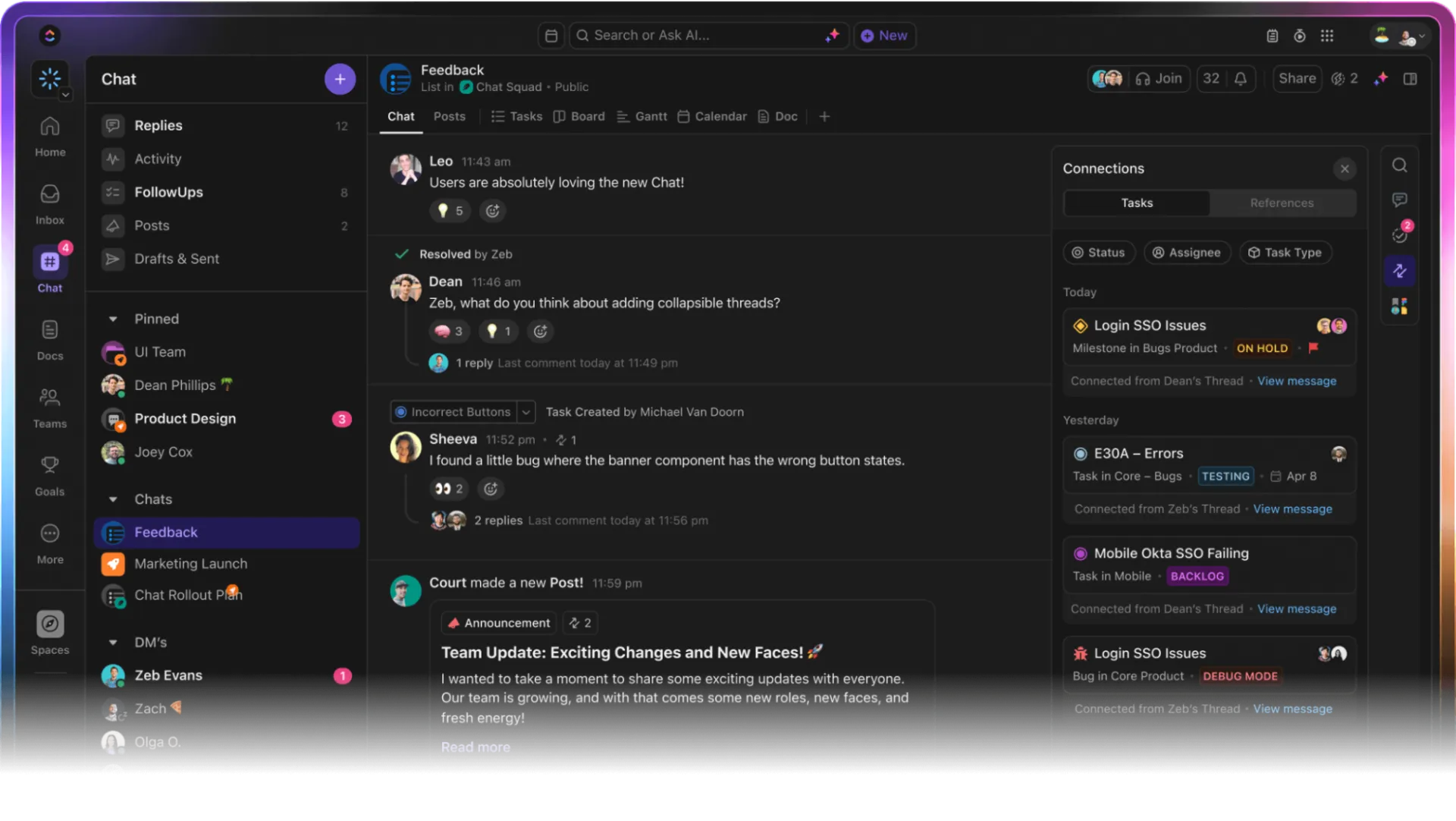 เชื่อมโยงข้อความกับงานเพื่อให้บริบทเชื่อมโยงกันโดยใช้ ClickUp Chat