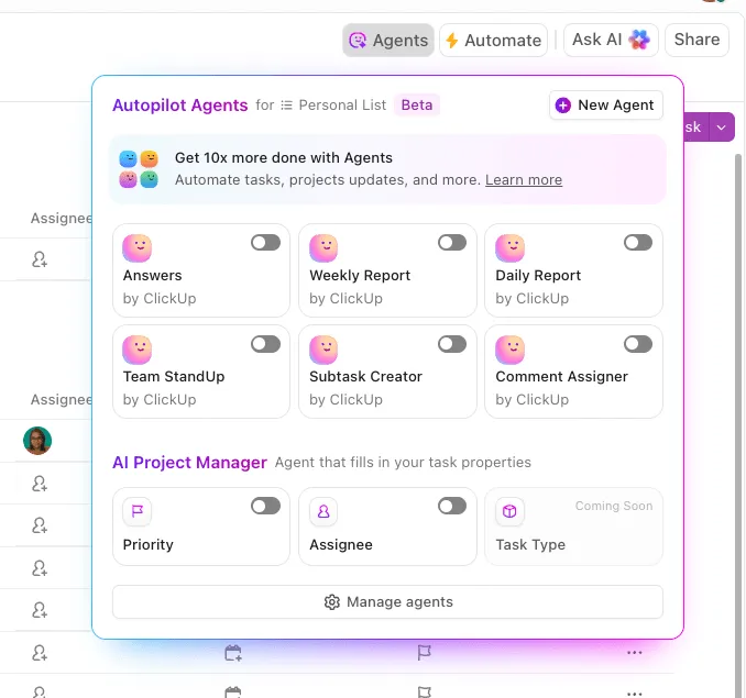 Agentes de IA do ClickUp com compreensão de linguagem natural