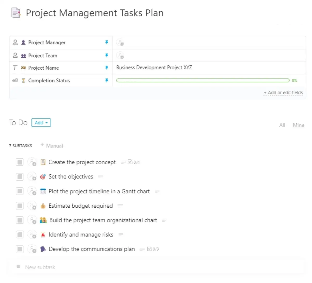 Behalten Sie den Überblick über alle wichtigen Aufgaben, Fälligkeitstermine, Bestände und Kosten mit der ClickUp-Vorlage für das Projektmanagement-Planen von Aufgaben.