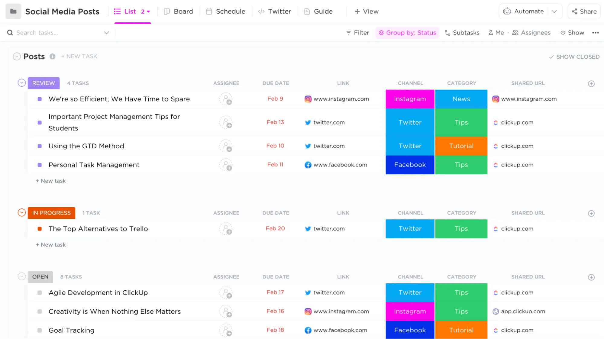 Modello di calendario dei post sui social media di ClickUp