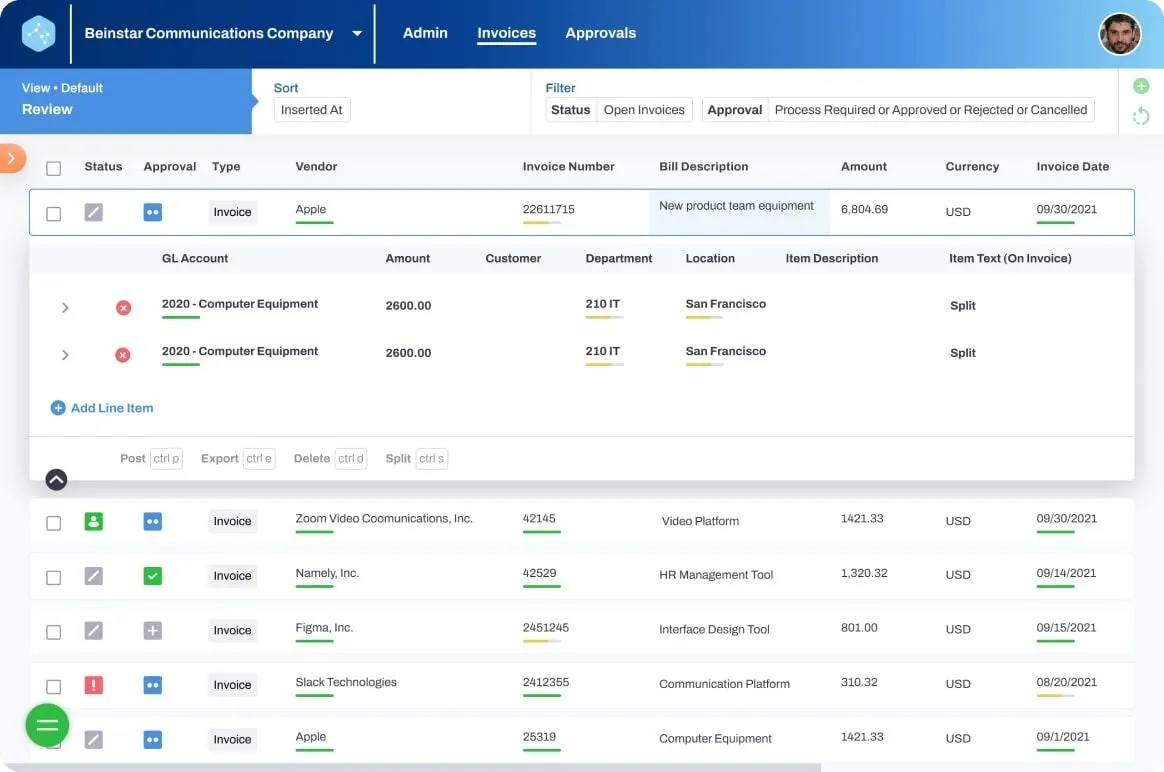 会計用AIツール：Vic.aiの「Invoices」のスクリーンショット