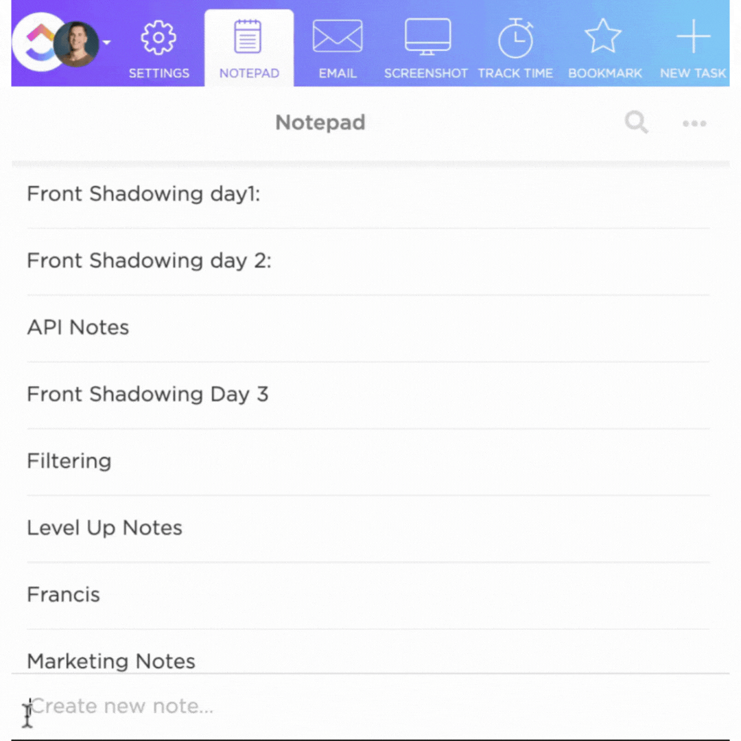 Blocco note di ClickUp con note di riunione gif