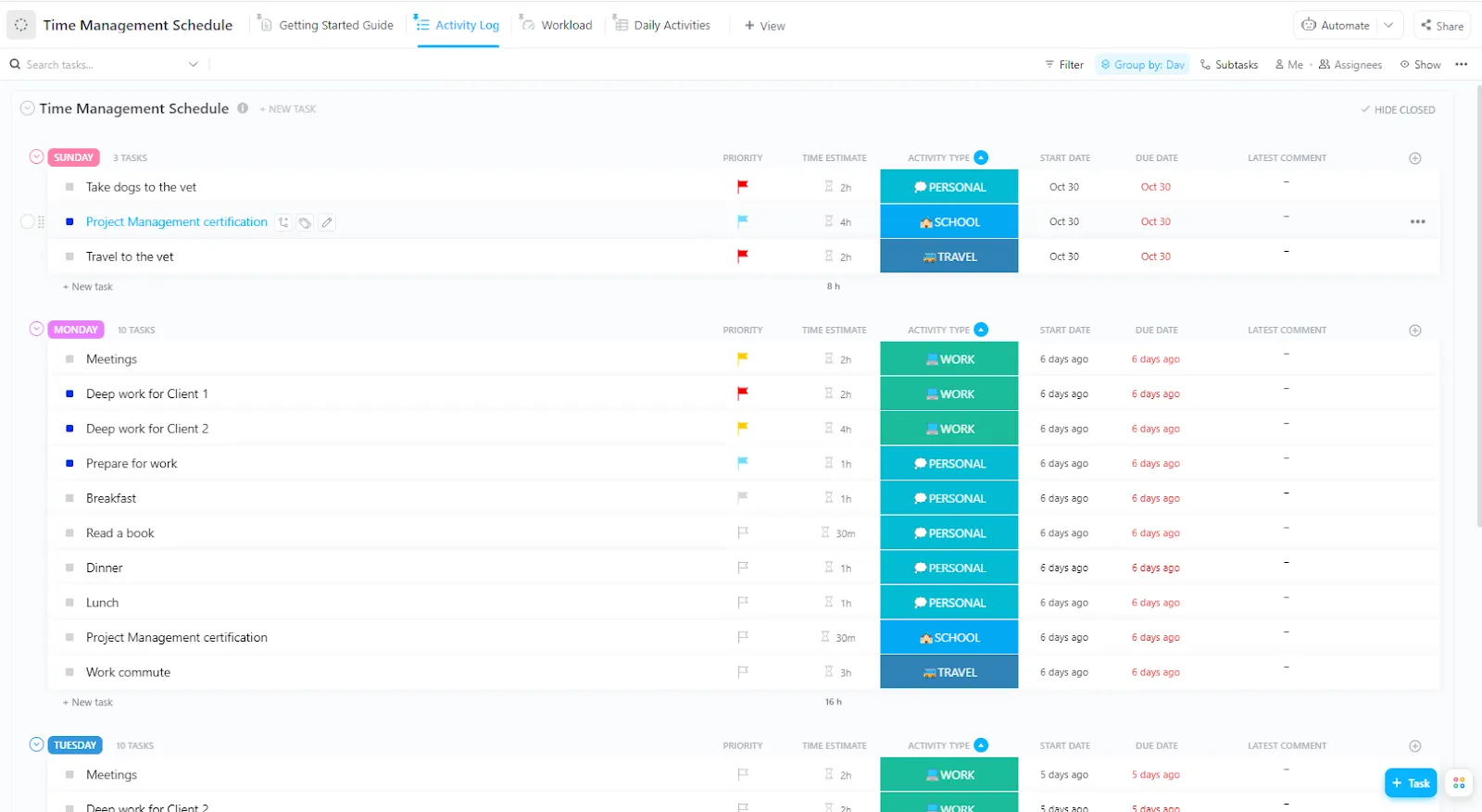 Modello di pianificazione della gestione del tempo ClickUp