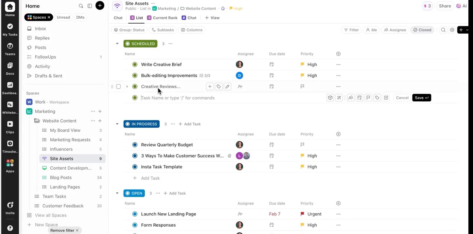 Tâches ClickUp : gestion de projet avec contrôle de version