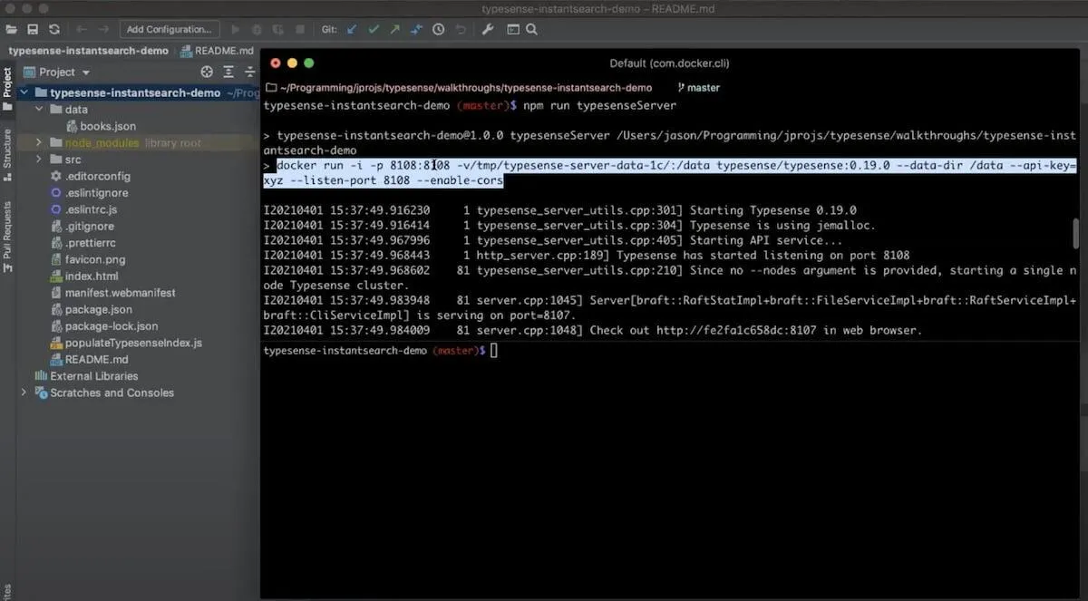Alternative a Elasticsearch: screenshot dei codici in Typesense