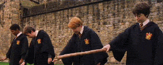 Ron trong buổi học bay đầu tiên tại Hogwarts bị cây chổi đánh trúng khi ra lệnh "lên!"