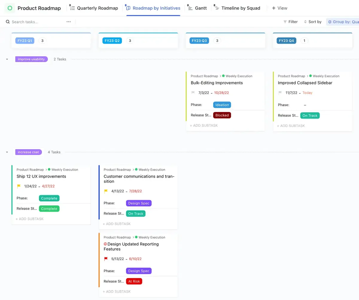 Die Produkt-Roadmap-Vorlage von ClickUp wurde entwickelt, um Ihnen bei der Planung, Nachverfolgung und Verwaltung der Produktentwicklung zu helfen.