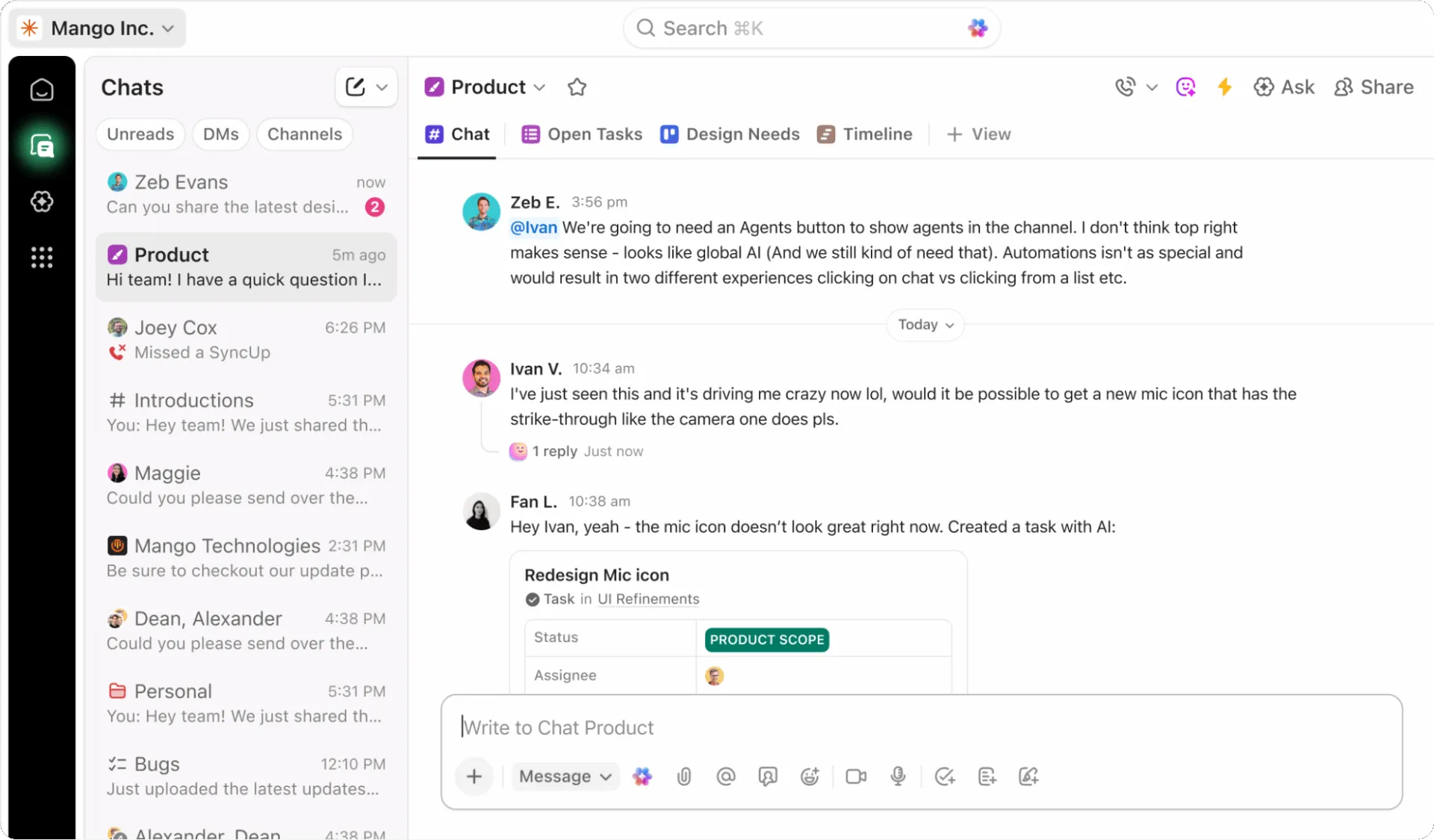 ClickUp Chat: discutete gli aggiornamenti in tempo reale con la dirigenza per mantenere il lavoro in movimento.