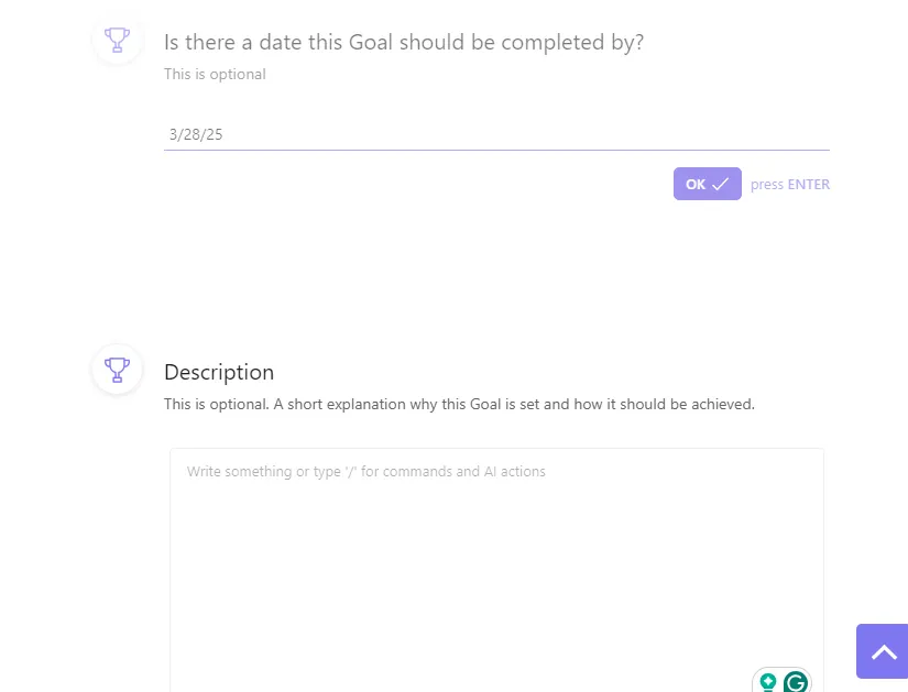 Aggiungere una data di scadenza e una descrizione a un obiettivo in ClickUp: Come utilizzare ClickUp per impostare gli obiettivi