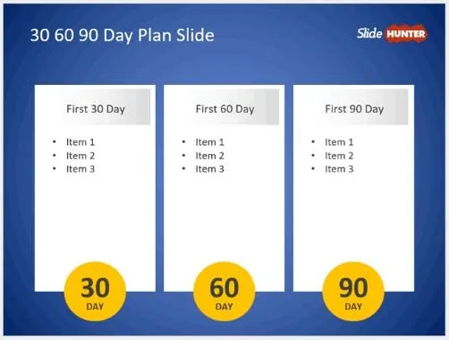 Plantilla de PowerPoint para plan de 30-60-90 días de SlideHunter