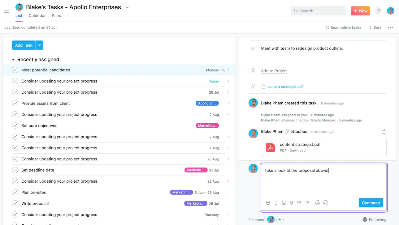 Adicionando comentários em uma tarefa do Asana