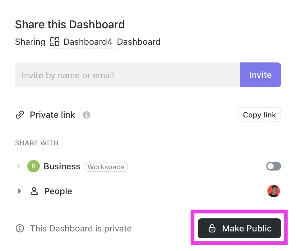 Wählen Sie aus verschiedenen Freigabeoptionen, um Ihr ClickUp-Dashboard an Stakeholder zu senden.