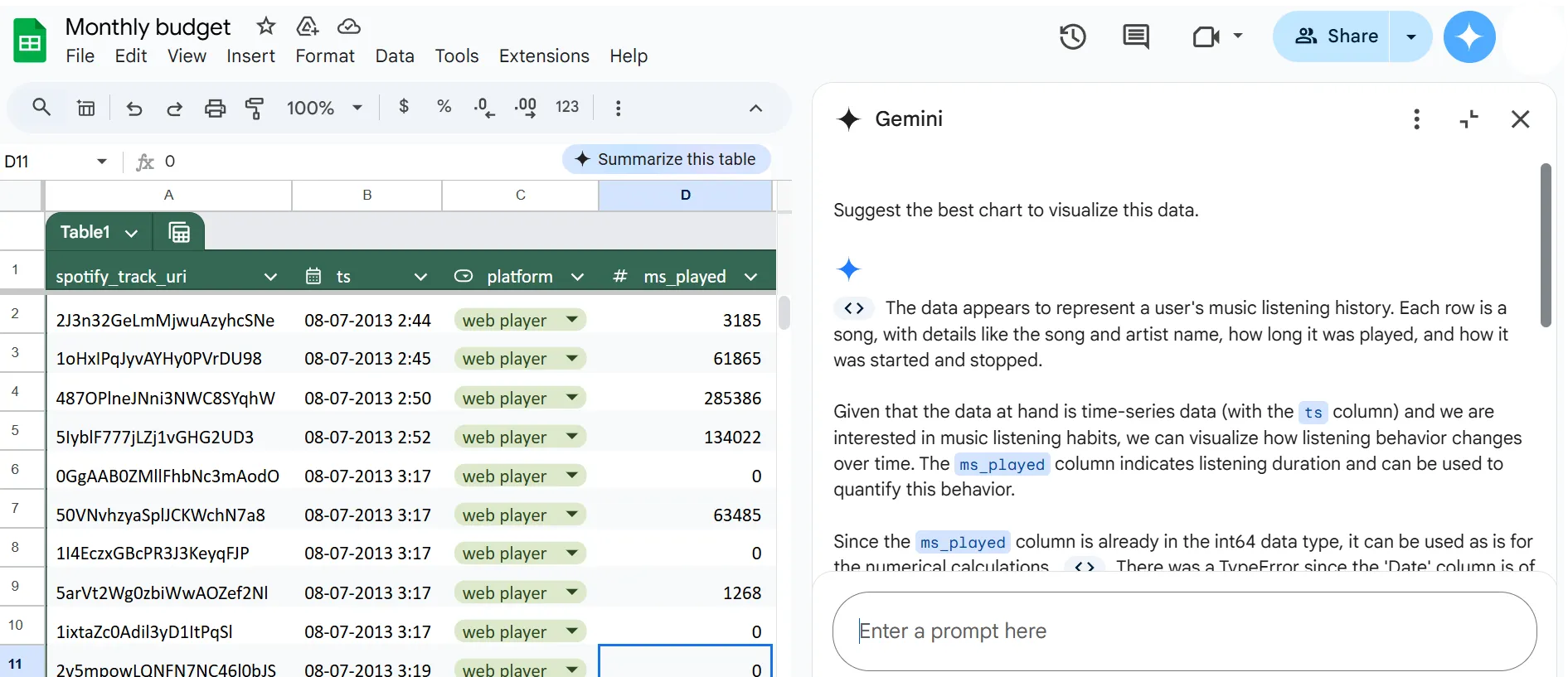 Veja a sugestão na caixa de prompt: como usar o Gemini no Google Sheets