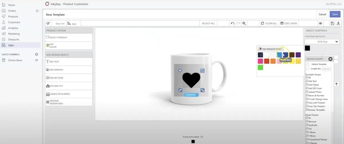 Ferramentas de design de produtos: captura de tela do Personalizador de Produtos da InkyBay