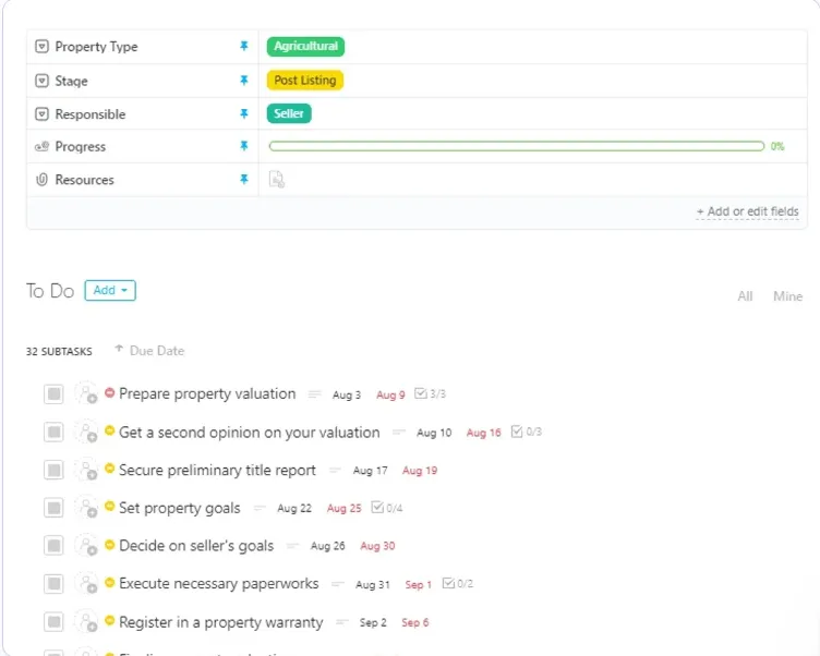 Checklist des transactions immobilières ClickUp Modèles de gestion immobilière