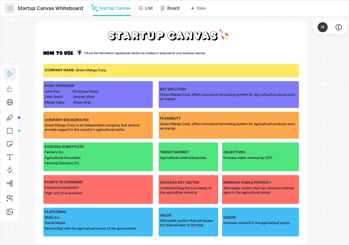 Plantilla de pizarra Startup Canvas de ClickUp