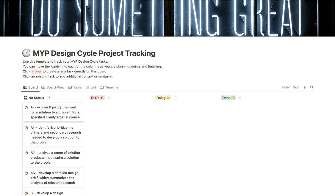 Modello di monitoraggio del progetto MYP Design Cycle (stile Kanban)