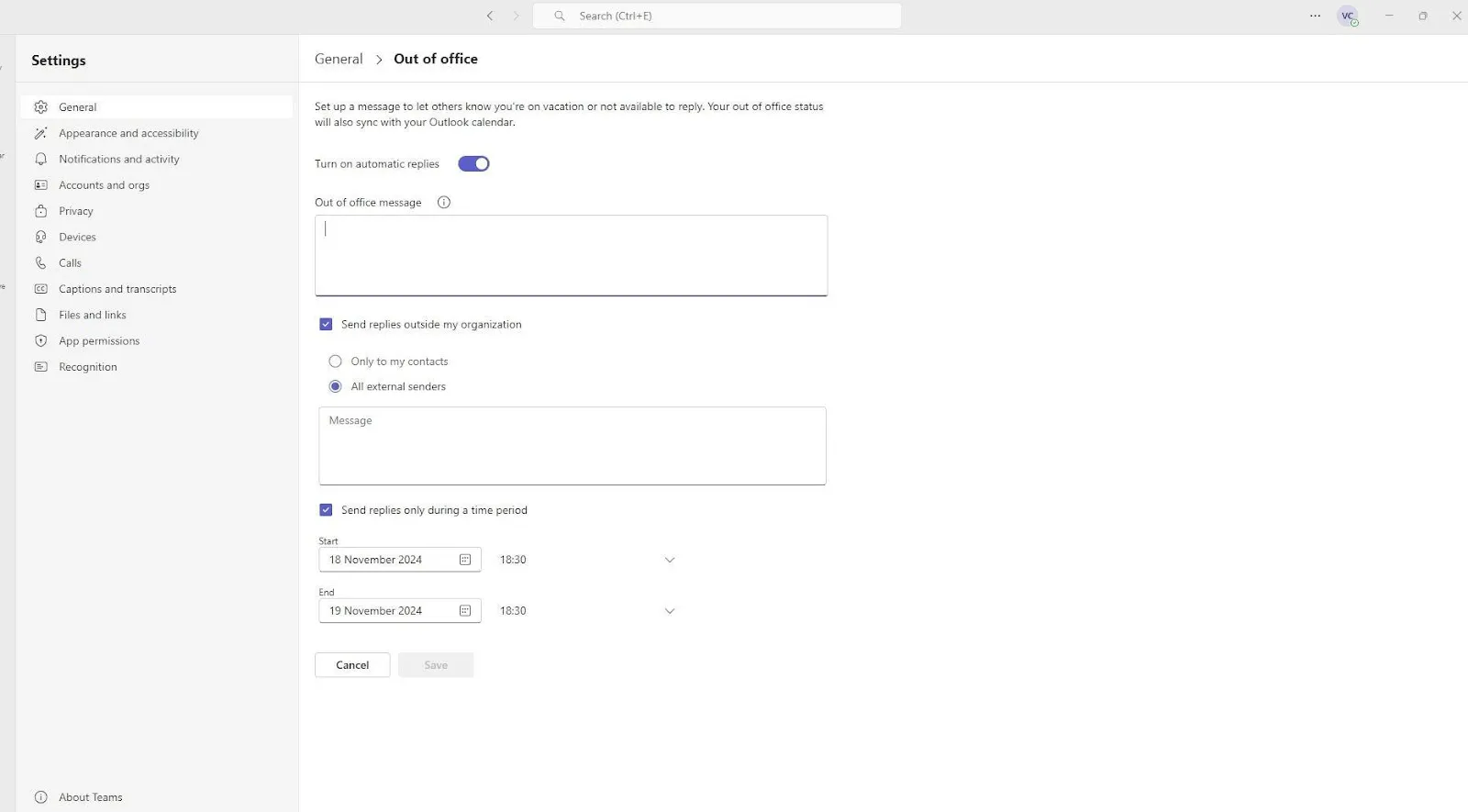 Come impostare l'assenza dall'ufficio in Teams - Passaggio 4