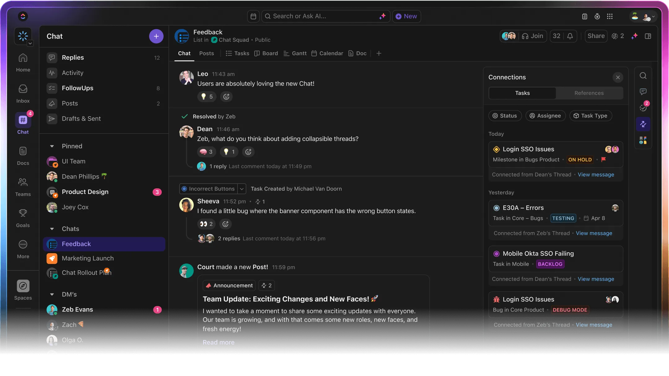 حافظ على استمرار المحادثات بعد الاجتماع داخل مساحة العمل الخاصة بك باستخدام ClickUp Chat_ كيفية استخدام Otter AI مع Zoom