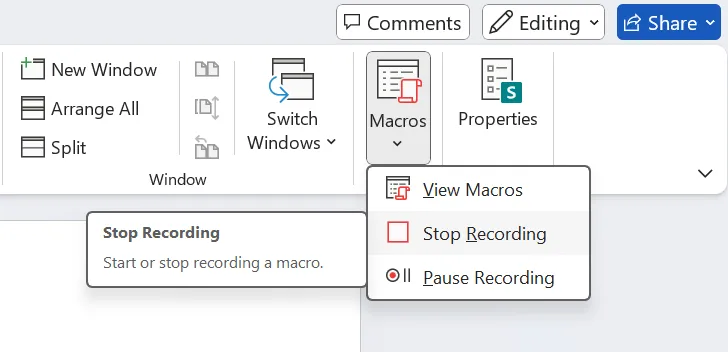 Sluta spela in makro i MS Word