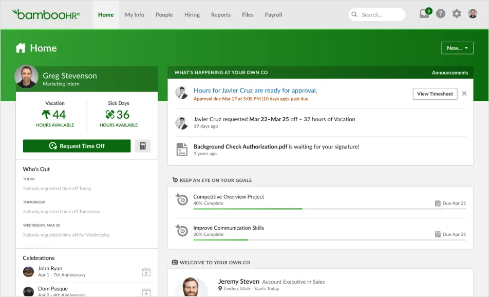 Software de seguimiento de candidatos: BambooHR Panorámica Ejemplo de producto