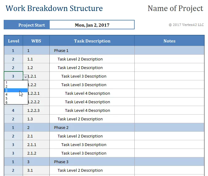 Mẫu cấu trúc phân chia công việc trong Excel của Vertex