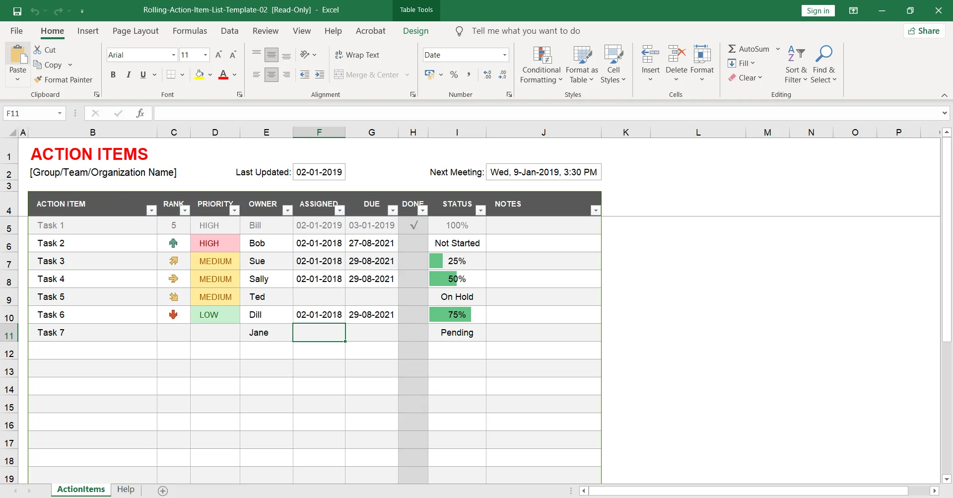 Mẫu danh sách mục hành động trong Excel