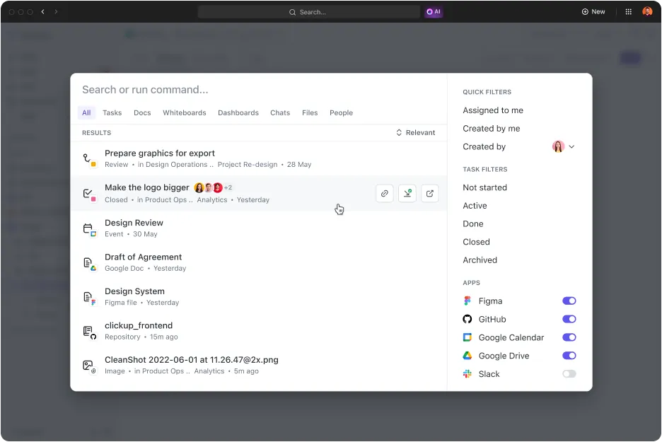 Trova immediatamente ciò che ti serve con la ricerca connessa di ClickUp