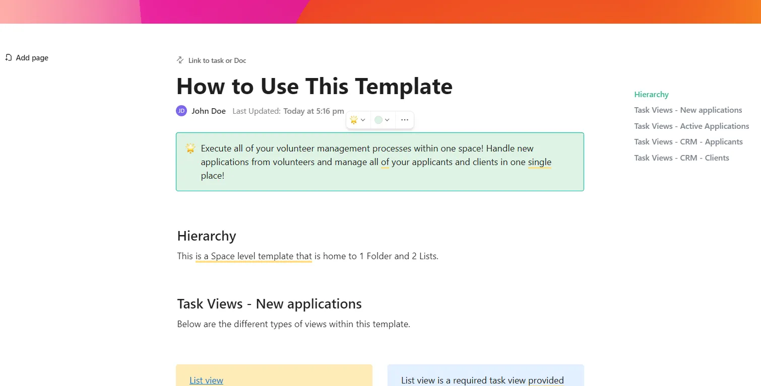 Template Pengelolaan Relawan ClickUp