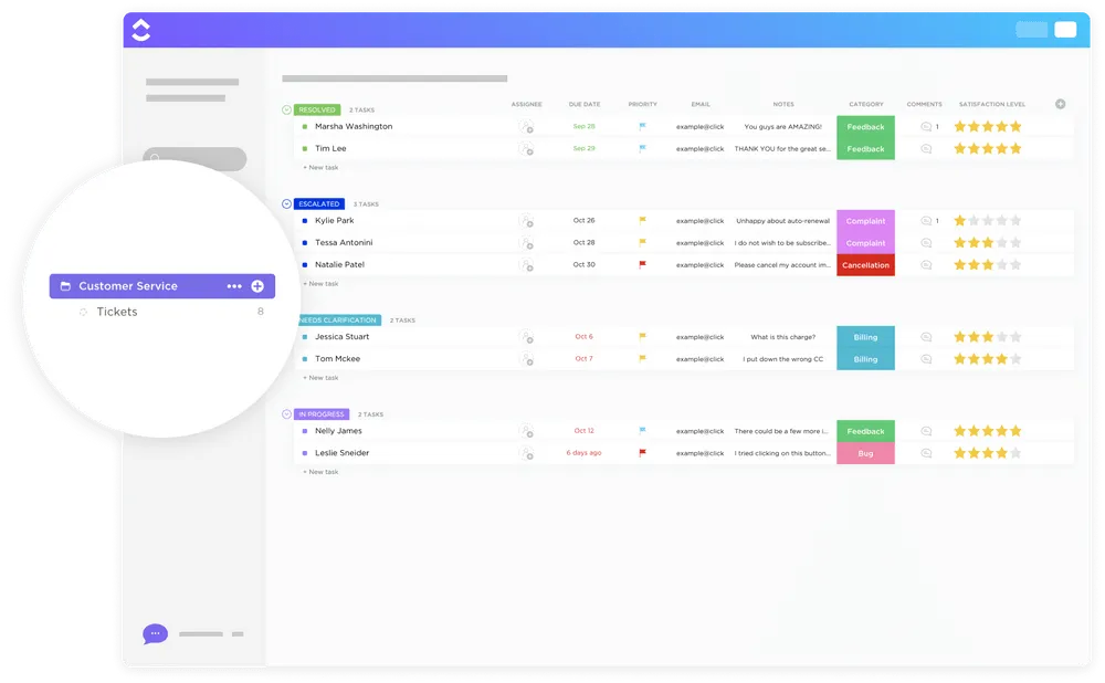 เทมเพลตการจัดการบริการลูกค้า CRM ของ ClickUp