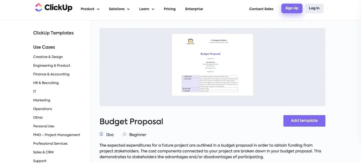 Modèle de proposition budgétaire ClickUp