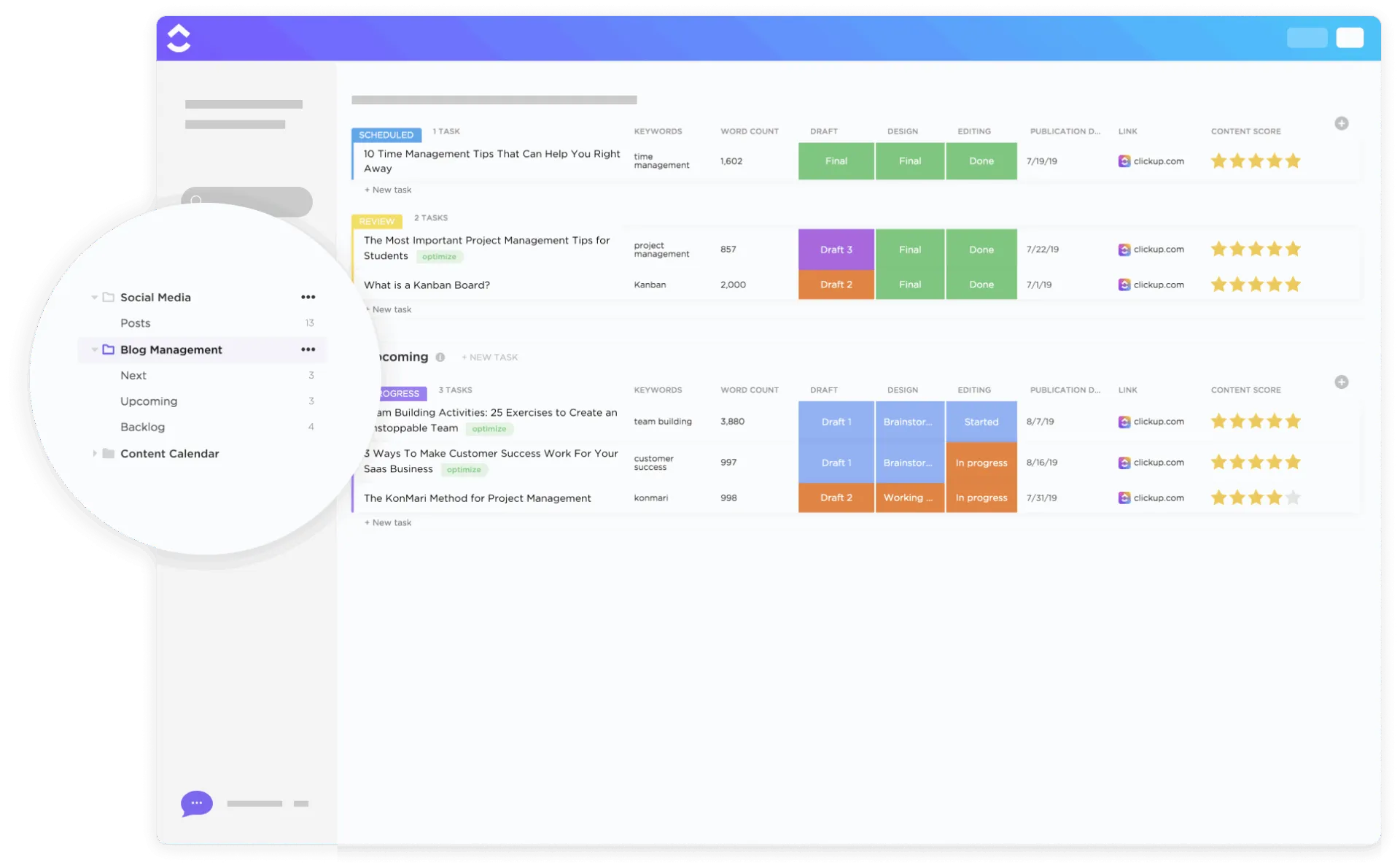 Samordna skribenter, redaktörer och deadlines på ett och samma ställe med ClickUp Blog Management Workflow Template, som är utvecklad för innehållsteam.