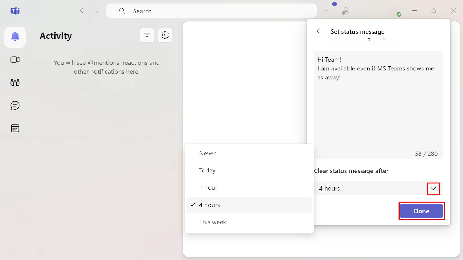 Définir l'heure pour le message de statut