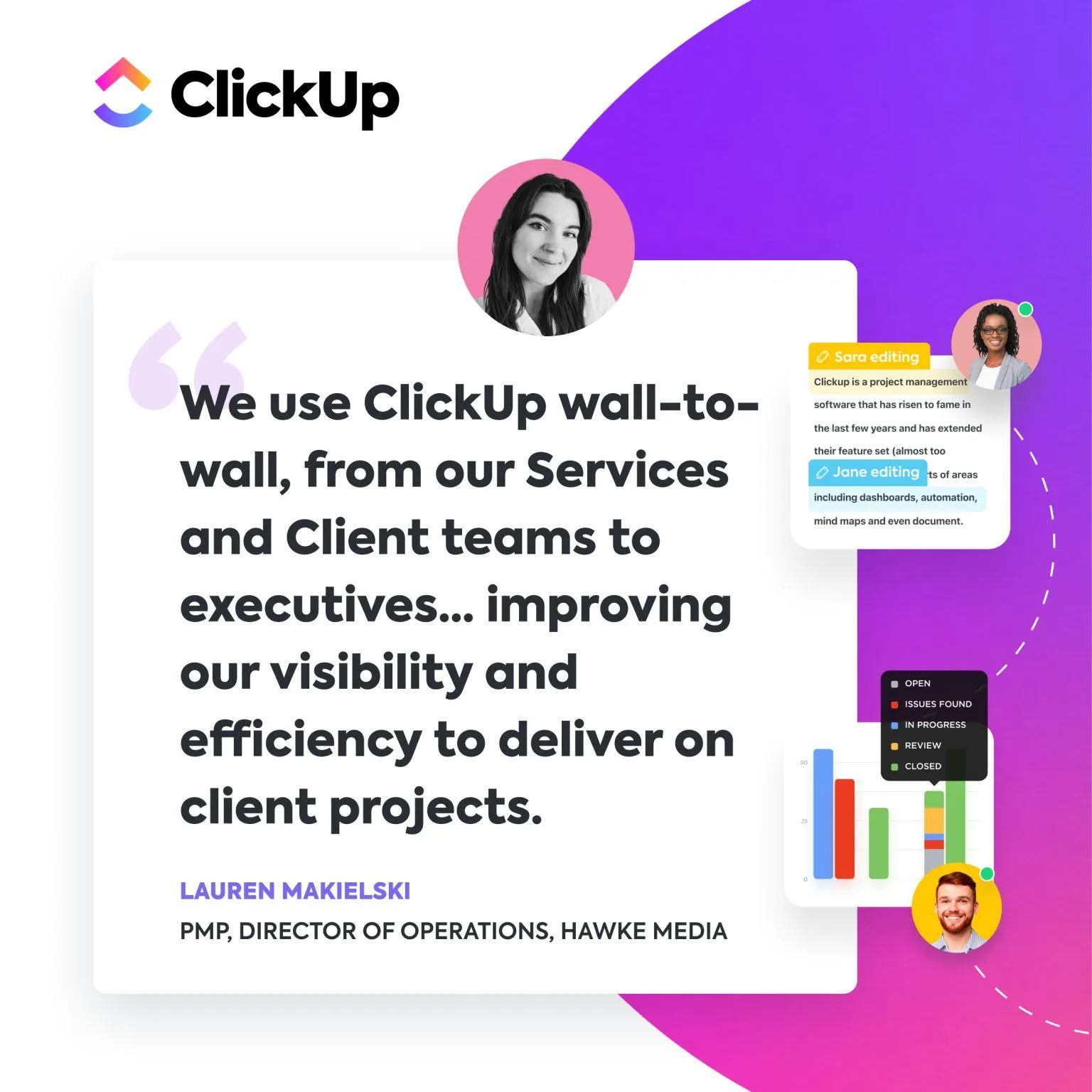 Hawke Media utiliza ClickUp para entregar los proyectos de los clientes y satisfacer sus expectativas.