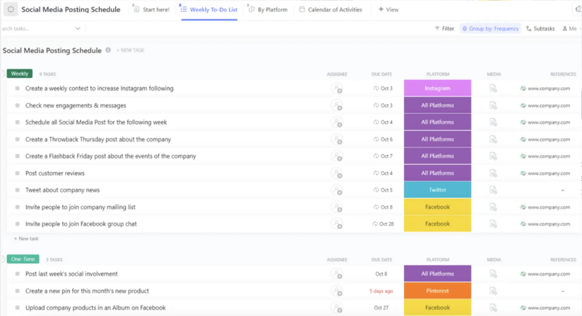 Modello di calendario dei post sui social media di ClickUp