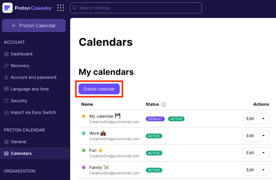 لوحة تحكم Proton Calendar: تطبيق تقويم خاص