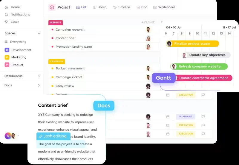 Snímek obrazovky panelu ClickUp zobrazující různé úkoly a projekty související s marketingem