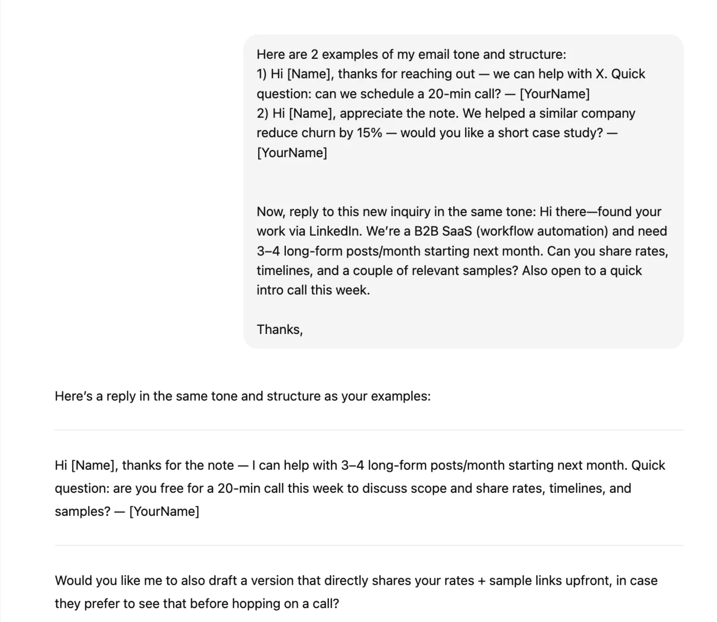 Tulis balasan email menggunakan teknik prompt engineering dengan sedikit contoh.