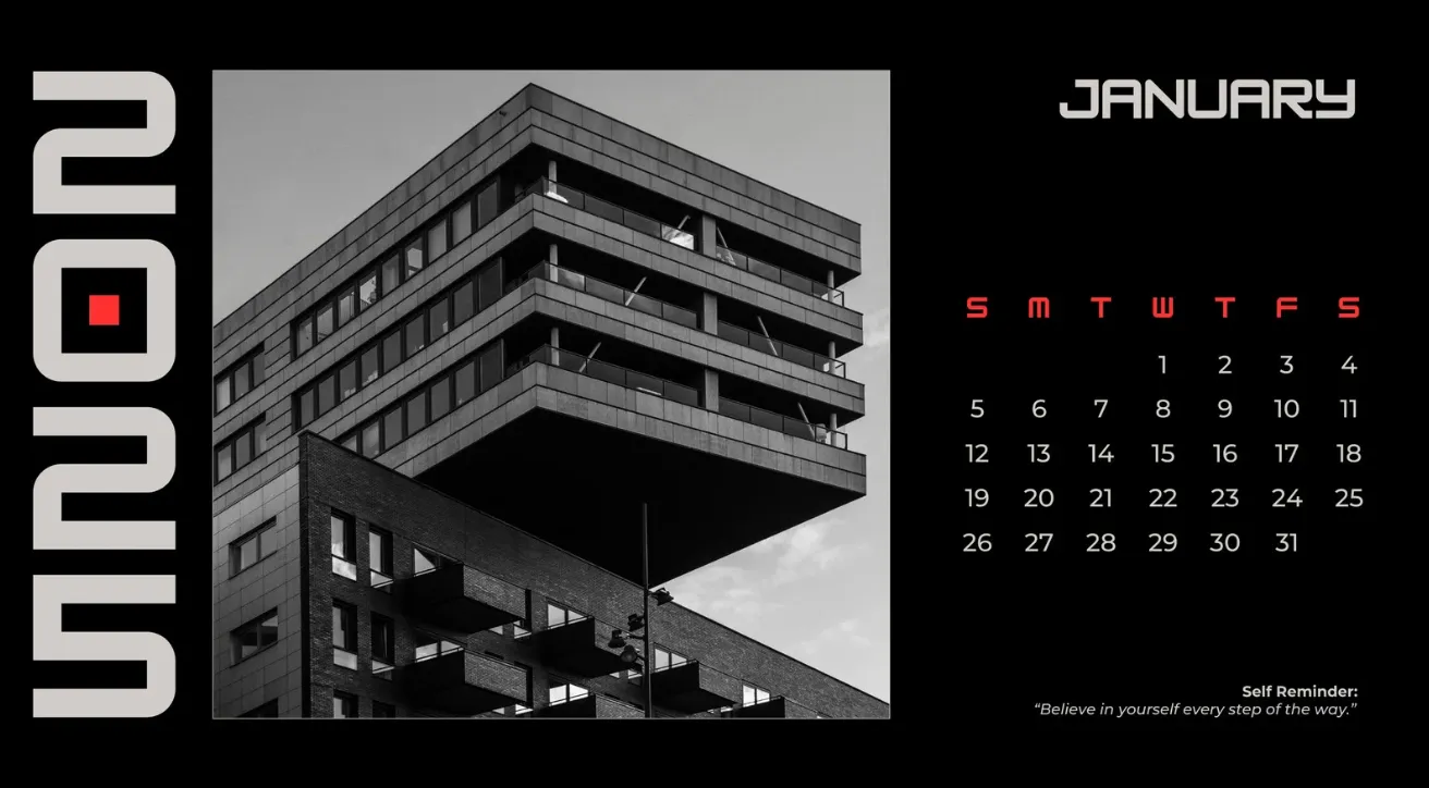 Template Kalender Bulanan Minimalis Modern Hitam dan Merah
