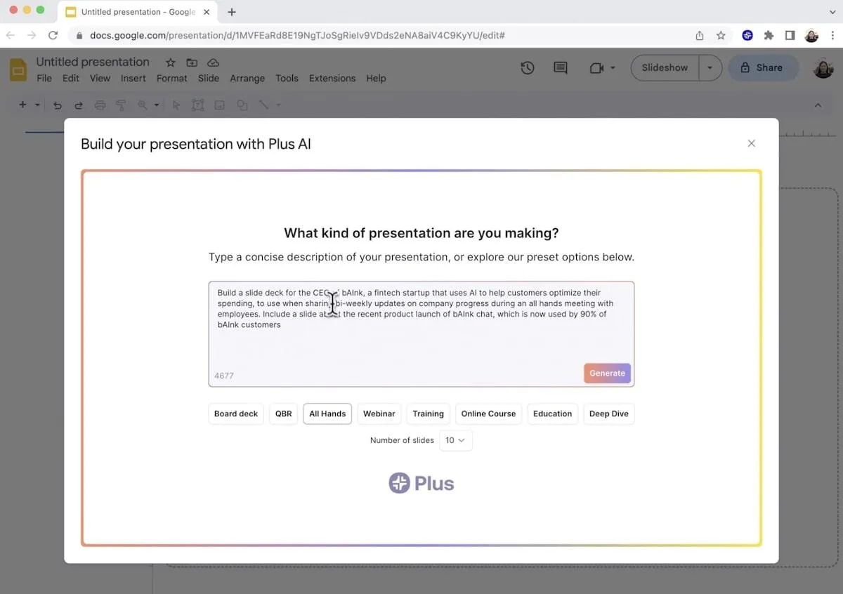ภาพหน้าจอของการนำเสนอตัวอย่าง Plus AI