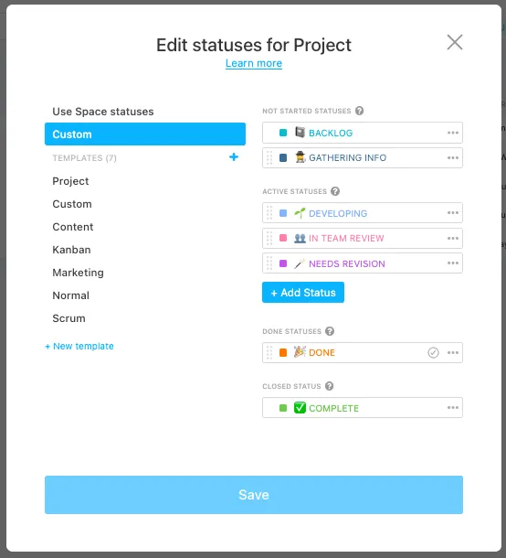Crie status personalizados em um software de gerenciamento de projetos como o ClickUp para saber em que todos estão trabalhando.